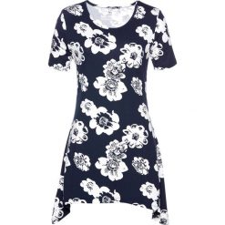 Shirt z dłuższymi bokami, krótki rękaw bonprix ciemnoniebiesko-biały. Niebieskie koszulki damskie bonprix, z aplikacjami, z okrągłym kołnierzem, z krótkim rękawem. Za 74,99 zł.