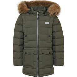 Płaszcz puchowy w kolorze khaki. Brązowe kurtki chłopięce Legowear, bez wzorów, z puchu, bez kaptura. W wyprzedaży za 279,95 zł.