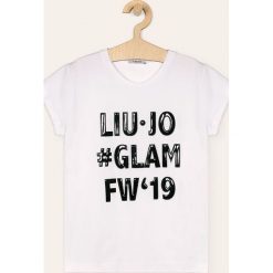 Liu Jo - T-shirt dziecięcy. Czarne bluzki dziewczęce Liu Jo, z aplikacjami, z elastanu, z okrągłym kołnierzem, z krótkim rękawem, krótkie, bez kaptura. W wyprzedaży za 129,90 zł.