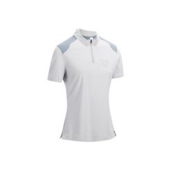 Koszulka polo jeździecka PL500 damska. Szare koszulki damskie marki FOUGANZA, bez wzorów, z elastanu, bez rękawów. Za 59,99 zł.