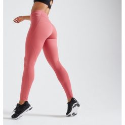 Legginsy fitness kardio damskie 500 brudny róż. Różowe legginsy sportowe damskie DOMYOS, xl, w paski, z elastanu, na fitness i siłownię. Za 79,99 zł.