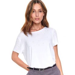 T-shirt krótki rękaw damski z kryształkami, gładki, z aplikacją. Białe t-shirty damskie z aplikacjami. Za 59,99 zł.