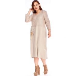 Lniana sukienka o luźnym kroju beżowy. Brązowe sukienki damskie N/A, plus size, bez wzorów, z poliesteru, bez kołnierzyka, plus size, bez rękawów. Za 192,56 zł.