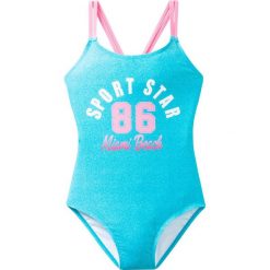 Kostium kąpielowy dziewczęcy bonprix turkusowy melanż z nadrukiem. Niebieskie stroje kąpielowe dziewczęce bonprix, z nadrukiem. Za 37,99 zł.