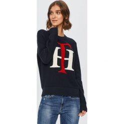 Tommy Hilfiger - Sweter. Niebieskie swetry damskie TOMMY HILFIGER, s, z aplikacjami, z bawełny, z długim rękawem, długie, bez kaptura. Za 699,90 zł.
