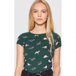 Koszulka z nadrukiem w dinozaury - Khaki. Brązowe t-shirty damskie Cropp, l, z nadrukiem. Za 24,99 zł.