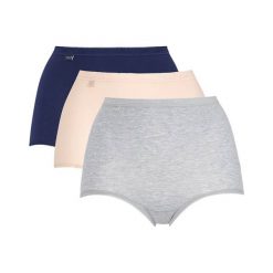 Sloggi Figi maxi Basic+ 3 Pack granatowy szary melanż jasnomorelowy female niebieski/szary/żółty 40. Szare majtki damskie Sloggi, bez wzorów, z bawełny. Za 119,00 zł.