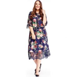 Wzorzysta sukienka z koronkowymi wstawkami granatowy. Niebieskie sukienki damskie N/A, plus size, bez wzorów, z elastanu, bez kołnierzyka, plus size, bez rękawów. Za 253,84 zł.