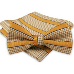 Złota Męska Mucha - ALTIES - z Taką Samą Poszetką, w Drobną Kratkę, Paski, Żółta MUALTStania0324. Żółte muszki męskie Alties, w paski, eleganckie. W wyprzedaży za 29,00 zł.