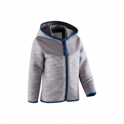 Bluza na zamek z kapturem Gym & Pilates 500 dla maluchów. Szare bluzy niemowlęce marki DOMYOS, z elastanu, z kapturem. Za 54,99 zł.