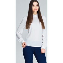 Ecru Bluzka ze Stójką z Riuszką. Szare podkoszulki damskie marki Molly.pl, s, bez wzorów, eleganckie, ze stójką, z długim rękawem. Za 129,90 zł.