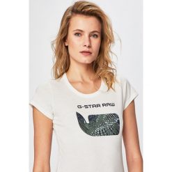 G-Star Raw - Top. Białe bluzki damskie G-Star RAW, s, z nadrukiem, z bawełny, retro, z okrągłym kołnierzem, z krótkim rękawem. W wyprzedaży za 99,90 zł.
