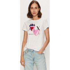Armani Exchange - T-shirt. Czarne bluzki damskie Armani Exchange, s, z nadrukiem, z bawełny, casualowe, z okrągłym kołnierzem, z krótkim rękawem. Za 239,90 zł.