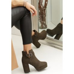 Khaki Botki Lujuana. Brązowe botki damskie Renee, z okrągłym noskiem, za kostkę, na wysokim obcasie, na obcasie, na zamek. Za 109,99 zł.