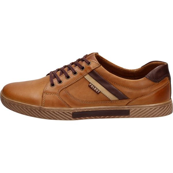 Brązowe POLSKIE półbuty męskie POLBUT J47 BR/O. Pomarańczowe półbuty męskie POLBUT, bez wzorów, z materiału, klasyczne, bez zapięcia. W wyprzedaży za 159,00 zł.