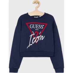 Guess Jeans - Bluza dziecięca 118-175 cm. Niebieskie bluzy dziewczęce Guess Jeans, z nadrukiem, z jeansu, bez rękawów, bez kaptura. W wyprzedaży za 149,90 zł.