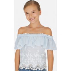 Mayoral - Bluzka dziecięca 128-167 cm. Niebieskie bluzki dziewczęce Mayoral, z aplikacjami, z bawełny, bez kołnierzyka, z krótkim rękawem, krótkie, bez kaptura. Za 129,90 zł.