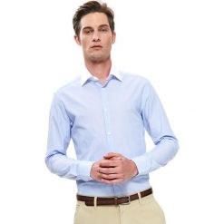 Koszula wizytowa slim fit. Niebieskie koszule męskie Top Secret, na lato, m, bez wzorów, z tkaniny, eleganckie, bez kołnierzyka, z długim rękawem. Za 89,99 zł.