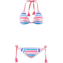 Bikini z trójkątnymi miseczkami (2 części) bonprix niebiesko-koralowo-srebrny. Niebieskie bikini bonprix, w paski. Za 49,99 zł.