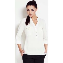 Ecru Koszulowa Bluzka ze Stójką z Podpinanym Rękawem. Szare podkoszulki damskie marki Molly.pl, s, bez wzorów, eleganckie, ze stójką, z długim rękawem. Za 92,90 zł.