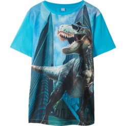 T-shirt z nadrukiem dinozaura bonprix turkusowy -czarny z nadrukiem. Niebieskie koszule chłopięce bonprix, z nadrukiem, bez kołnierzyka, bez rękawów. Za 34,99 zł.
