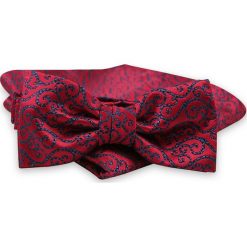 Czerwona Mucha Męska -ALTIES- z Taką Samą Poszetką, w Granatowe Zawijasy MUALTS0568. Czerwone muszki męskie Alties, na imprezę, w paski, eleganckie. Za 40,00 zł.