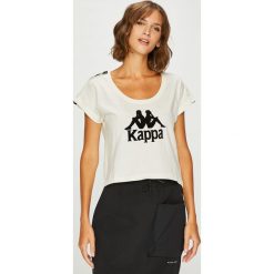 Kappa - Top. Białe bluzki damskie marki Kappa, s, z nadrukiem, z bawełny, z okrągłym kołnierzem, z krótkim rękawem. W wyprzedaży za 69,90 zł.