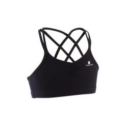 Stanik do tańca. Czarne biustonosze sportowe damskie marki DOMYOS, bez wzorów, z elastanu, na fitness i siłownię. Za 14,99 zł.