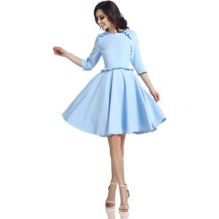 Błękitna Klasyczna Rozkloszowana Sukienka z Falbankami. Niebieskie sukienki damskie Molly.pl, s, bez wzorów, eleganckie, z klasycznym kołnierzykiem, bez rękawów, rozkloszowane. Za 158,90 zł.