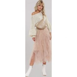 Jasnobeżowa Spódnica Raeburn. Brązowe spódniczki damskie Renee, s, z tiulu, eleganckie, midi, rozkloszowane. Za 99,99 zł.