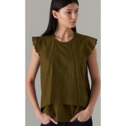 Bawełniana bluzka z kwiatowym haftem - Khaki. Brązowe bluzki damskie Mohito, z haftami, z bawełny, bez kołnierzyka, bez rękawów. Za 99,99 zł.