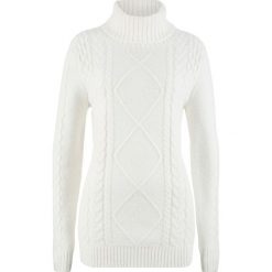 Sweter z golfem bonprix biel wełny. Białe swetry damskie bonprix, bez wzorów, z wełny, bez rękawów, bez kaptura. Za 37,99 zł.