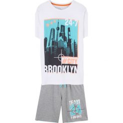Shirt + bermudy dresowe (2 części) bonprix biało - jasnoszary melanż. Białe t-shirty chłopięce bonprix, bez wzorów, z dresówki, bez rękawów. Za 64,99 zł.