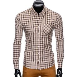 KOSZULA MĘSKA W KRATĘ Z DŁUGIM RĘKAWEM K429 - BEŻOWA/GRANATOWA. Brązowe koszule męskie Ombre Clothing, s, bez wzorów, bez kołnierzyka, z długim rękawem. Za 39,00 zł.