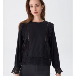 Bluzka z koronką - Czarny. Czarne bluzki damskie House, s, w koronkowe wzory, z koronki, bez kołnierzyka, bez rękawów. Za 39,99 zł.