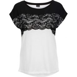 Shirt z koronką bonprix czarno-biały. Czarne koszulki damskie bonprix, w koronkowe wzory, z koronki, bez kołnierzyka, bez rękawów. Za 54,99 zł.