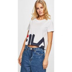 Fila - Top. Białe bluzki damskie Fila, s, z nadrukiem, z bawełny, casualowe, z okrągłym kołnierzem, z krótkim rękawem. W wyprzedaży za 89,90 zł.
