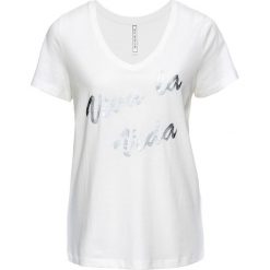 T-shirt bonprix biel wełny - metaliczny srebrny z nadrukiem. Białe t-shirty damskie bonprix, z nadrukiem, z wełny, z dekoltem w serek. Za 34,99 zł.