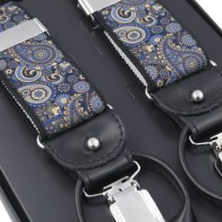 Granatowo-żółte szelki we wzór paisley na żabki i na guziki G45. Żółte szelki męskie Modini Moda Męska. Za 99,00 zł.