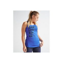 Top fitness kardio 120 damski. Niebieskie topy damskie DOMYOS, bez wzorów, z elastanu, bez kołnierzyka. Za 29,99 zł.