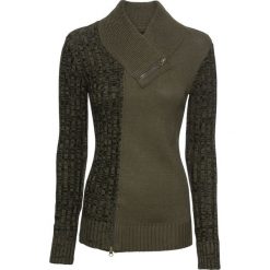 Sweter dzianinowy z zamkami bonprix ciemnooliwkowy melanż. Zielone swetry damskie bonprix, z aplikacjami, z dzianiny, bez rękawów, bez kaptura. Za 109,99 zł.