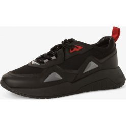 HUGO - Tenisówki męskie z dodatkiem skóry – Atom_Runn_rbrf, czarny. Czarne trampki męskie HUGO, bez wzorów, ze skóry, sportowe, bez zapięcia. Za 845,95 zł.