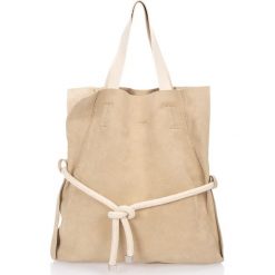 Shopper bag damskie: Skórzany shopper bag w kolorze beżowym – 40 x 44 x 7 cm