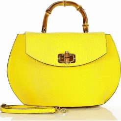 Claudia MARCO MAZZINI Designerska torebka shopper skórzany z bambusową rączką - żółty. Żółte kuferki damskie MAZZINI, w paski, ze skóry, street, bez dodatków. Za 299,00 zł.
