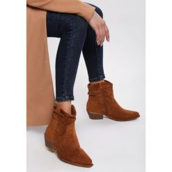 Camelowe Botki Duozap. Brązowe botki damskie Renee, wizytowe, za kostkę, na niskim obcasie, na obcasie, na zamek. Za 149,99 zł.