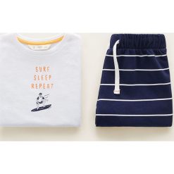 Mango Kids - Piżama dziecięca Repeat 110-164 cm. Białe piżamy chłopięce Mango Kids, z nadrukiem, z bawełny, z krótkim rękawem. Za 69,90 zł.