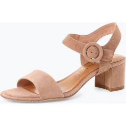 Tamaris - Damskie skórzane sandały na obcasie, różowy. Różowe sandały damskie Tamaris, w paski, eleganckie, bez obcasa, na obcasie, z paskami. Za 219,95 zł.