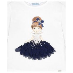 Mayoral - Longsleeve dziecięcy 92-134 cm. Białe bluzki dziewczęce Mayoral, z aplikacjami, z elastanu, z okrągłym kołnierzem, z długim rękawem, długie, bez kaptura. W wyprzedaży za 59,90 zł.