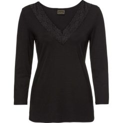 Shirt bonprix czarny. Czarne koszulki damskie bonprix, w koronkowe wzory, z dzianiny, z dekoltem w serek, bez rękawów. Za 44,99 zł.