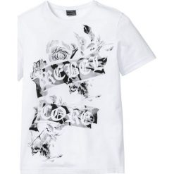 T-shirt Slim Fit bonprix biały. Białe t-shirty męskie bonprix, xl, z nadrukiem, bez kołnierzyka. Za 24,99 zł.